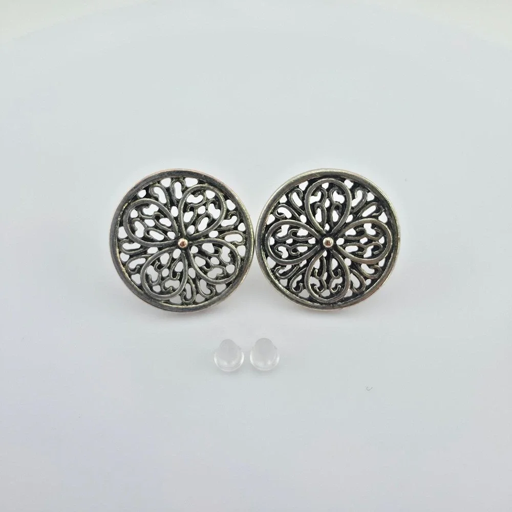Vintage Ornate Button Earrings Open Scrollwork 4 Petal Flower Silver Plate .75